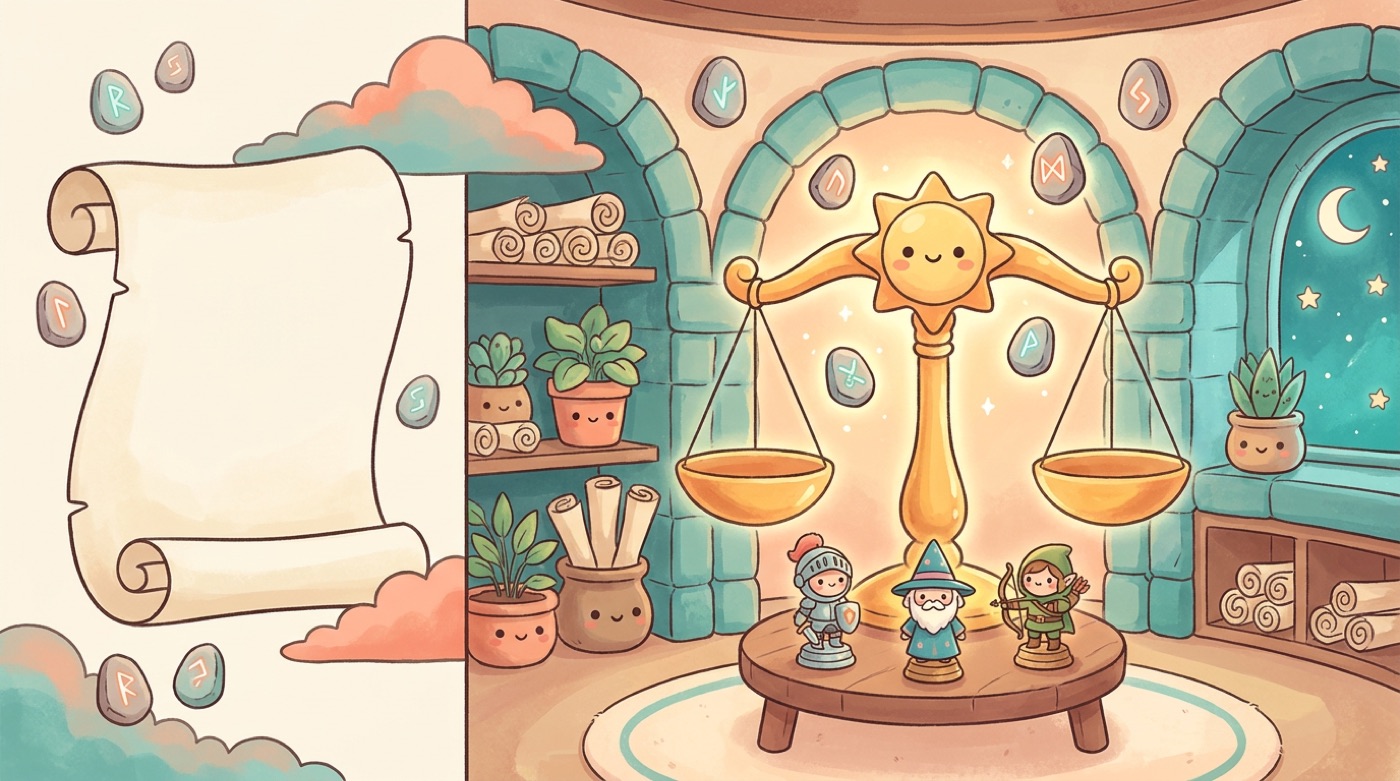 A cosy oracle's chamber with golden scales of justice and three little hero figurines awaiting judgement