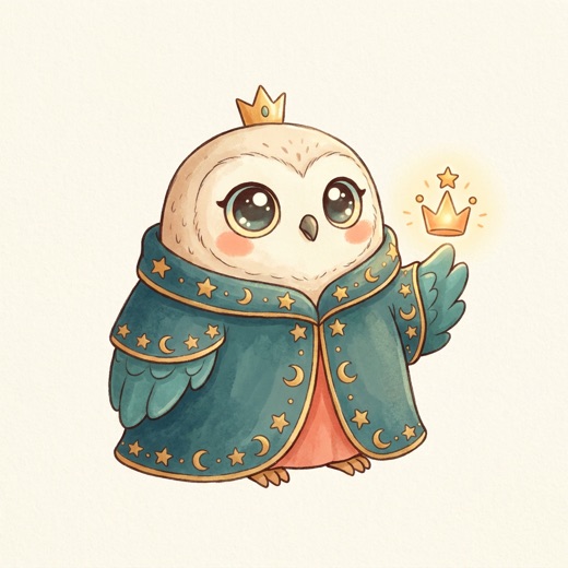 The oracle owl, holding up a tiny golden crown